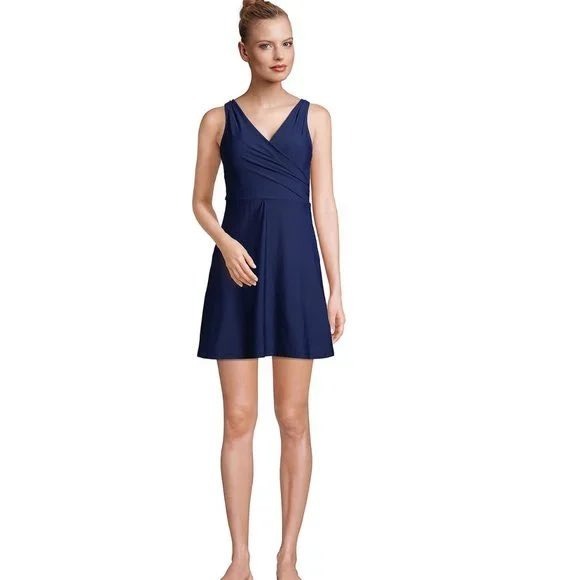 Lands' End Navy Blue V-Neck Swim Dress Adjustable Straps One Piece Swimsuit 10 - Picture 1 of 10